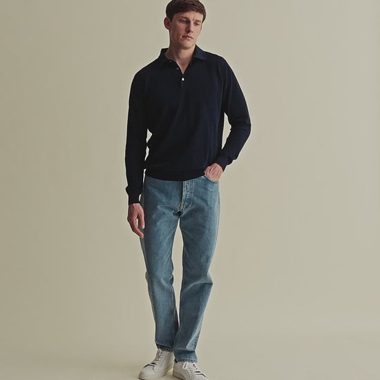 Cotton Air Crepe Long Sleeve Polo Shirt Navy Model Video