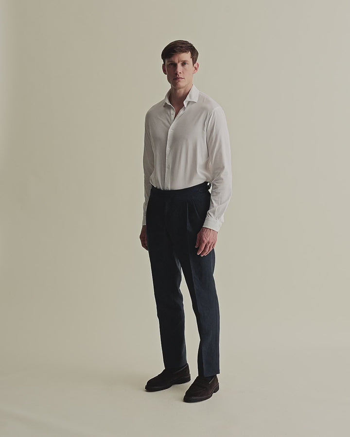 Linen Double Pleat Tailored Trousers Navy Video