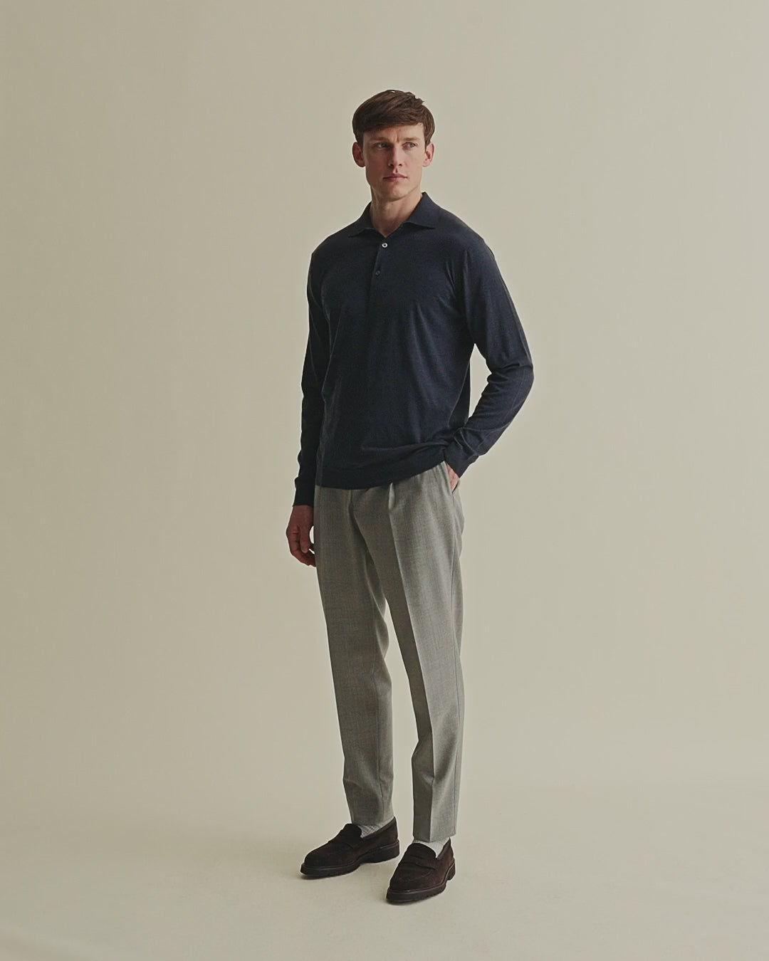 Merino Wool Fine Gauge Long Sleeve Polo Shirt Denim Model Video