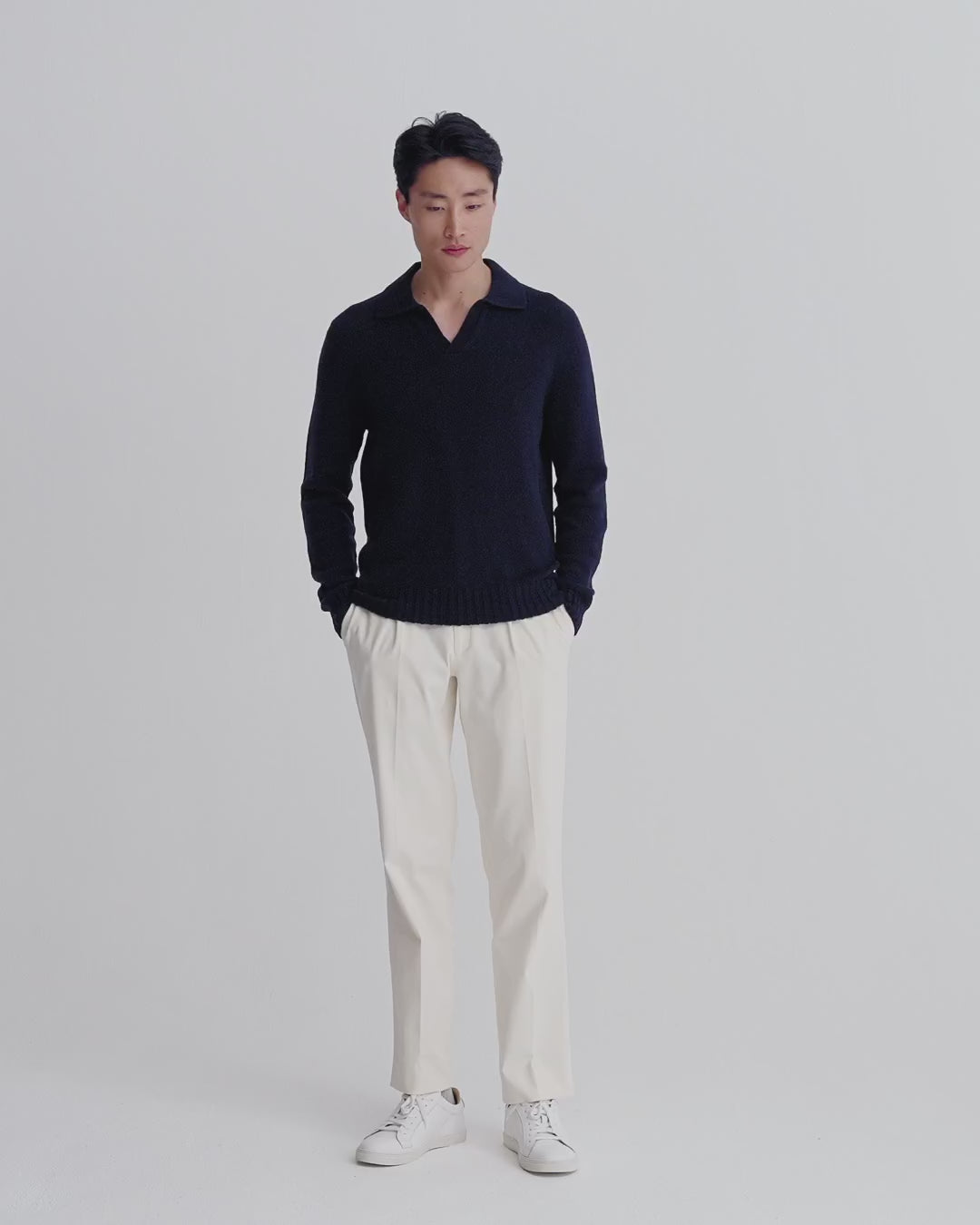 Cashmere Long Sleeve Skipper Polo Shirt Navy Model Video