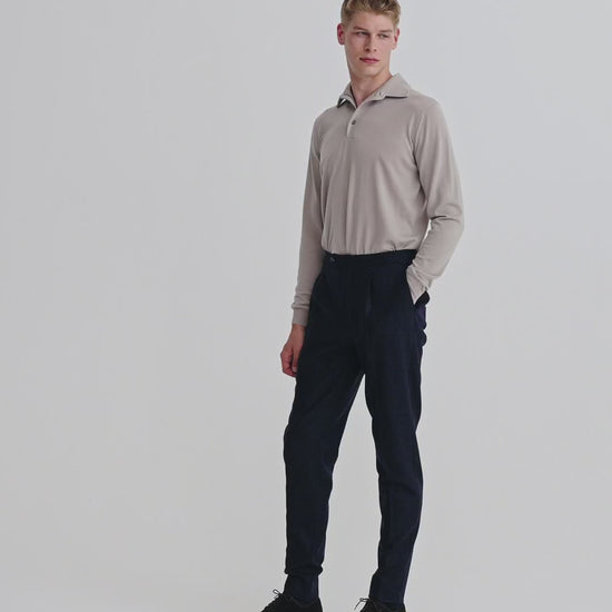 Merino Wool Extrafine Long Sleeve Polo Shirt Stone Model Video