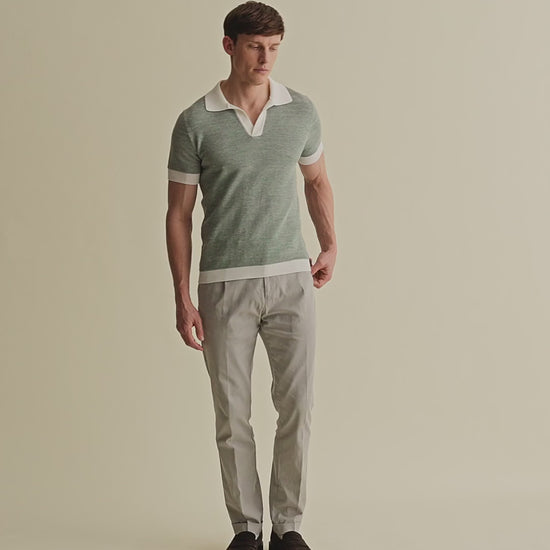 Cotton Linen Contrast Knitted Polo Shirt Green Model Video
