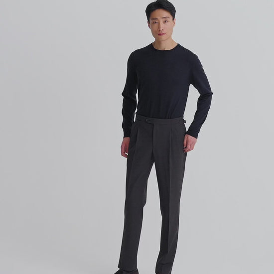 Wool Double Pleat Tailored Trousers Charcoal Brown Model Video