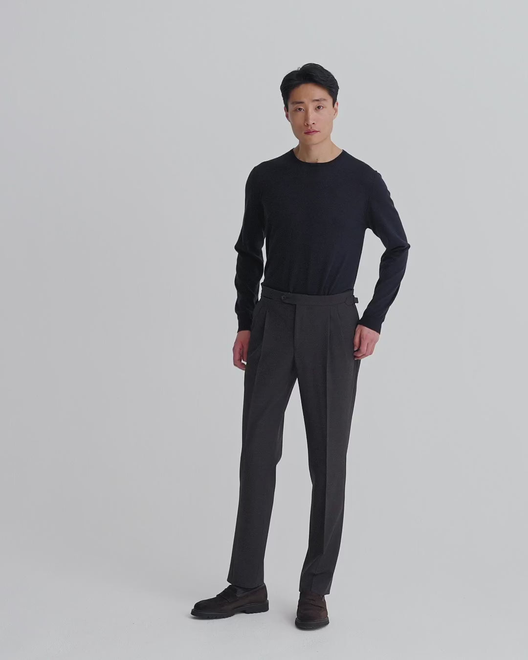 Wool Double Pleat Tailored Trousers Charcoal Brown Model Video