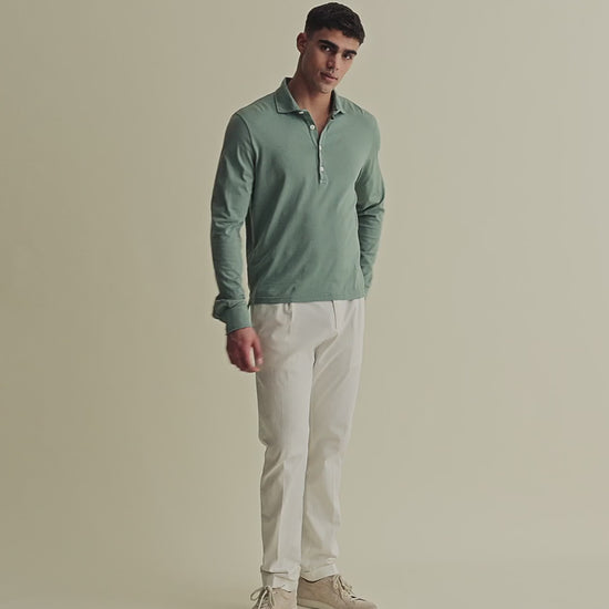 Cotton Long Sleeve Polo Shirt Sage Model Video