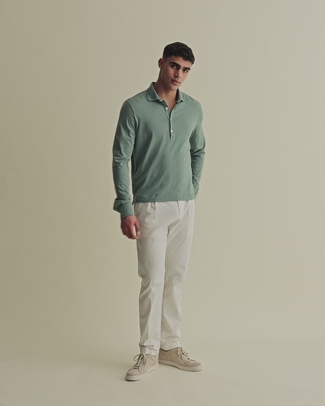 Cotton Long Sleeve Polo Shirt Sage Model Video