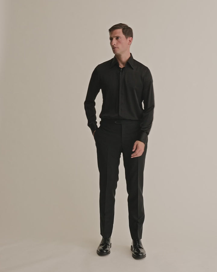 Silk Lecce Collar Fly Front Shirt Black Model Video