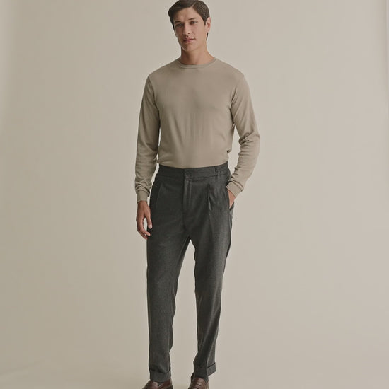 Merino Wool Extrafine Crew Neck Sweater Taupe Model Video