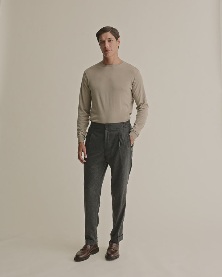 Merino Wool Extrafine Crew Neck Sweater Taupe Model Video