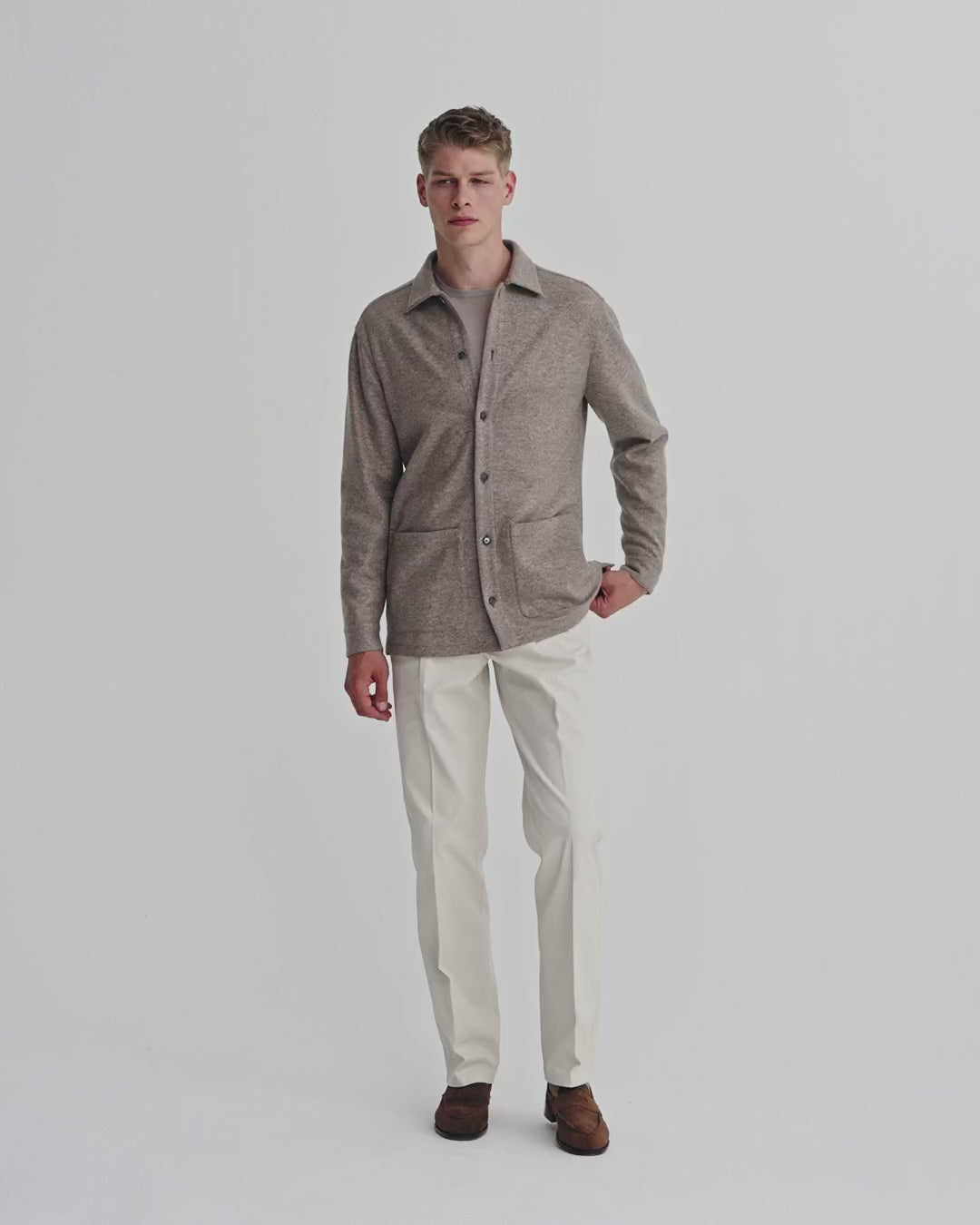 Cashmere Button Through Overshirt Beige Model Video