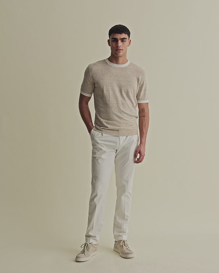 Linen Cotton Contrast Rib T-Shirt Sand White Model Video