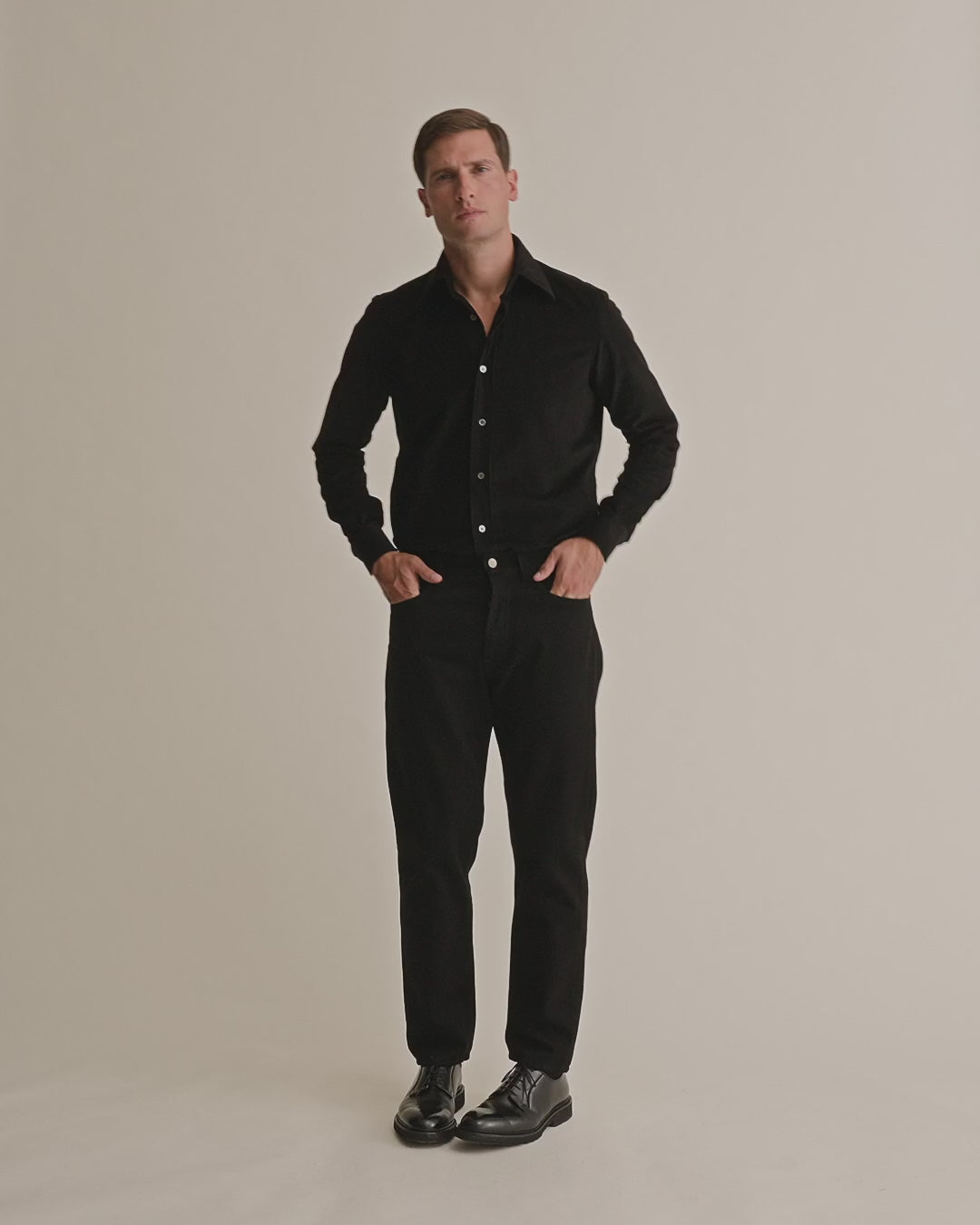 Corduroy Point Collar Shirt Black Model Video