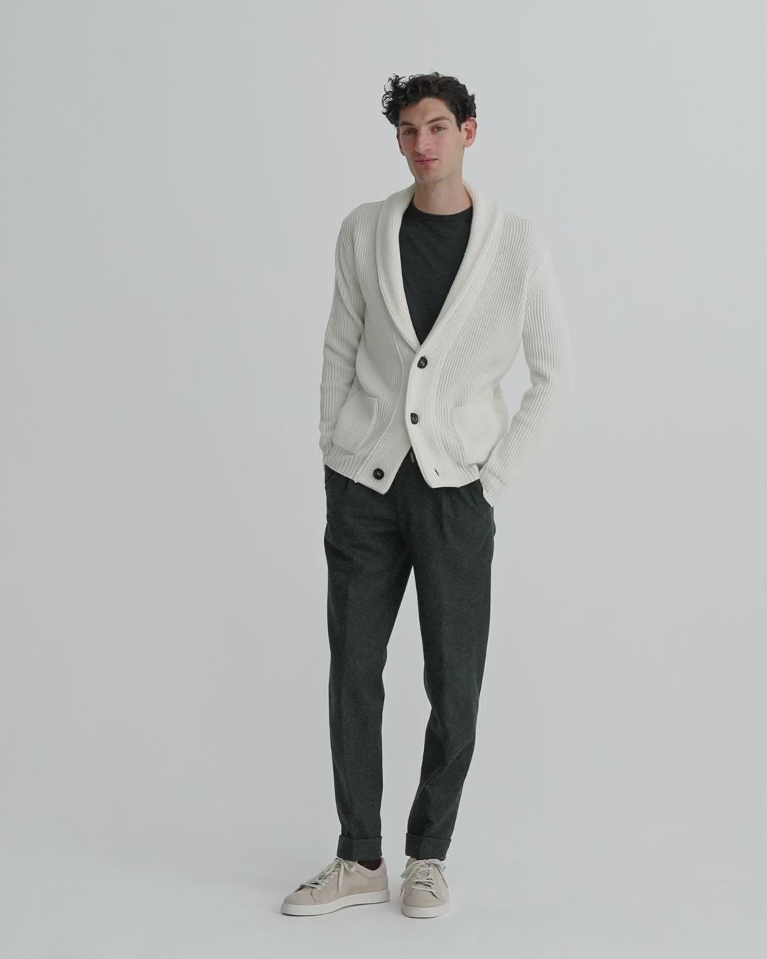 Single Breasted Cashmere Shawl Cardigan White Model Video