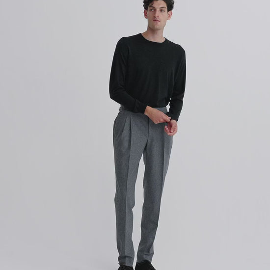 Flannel Pleated Tailored Trousers Grey Model Video