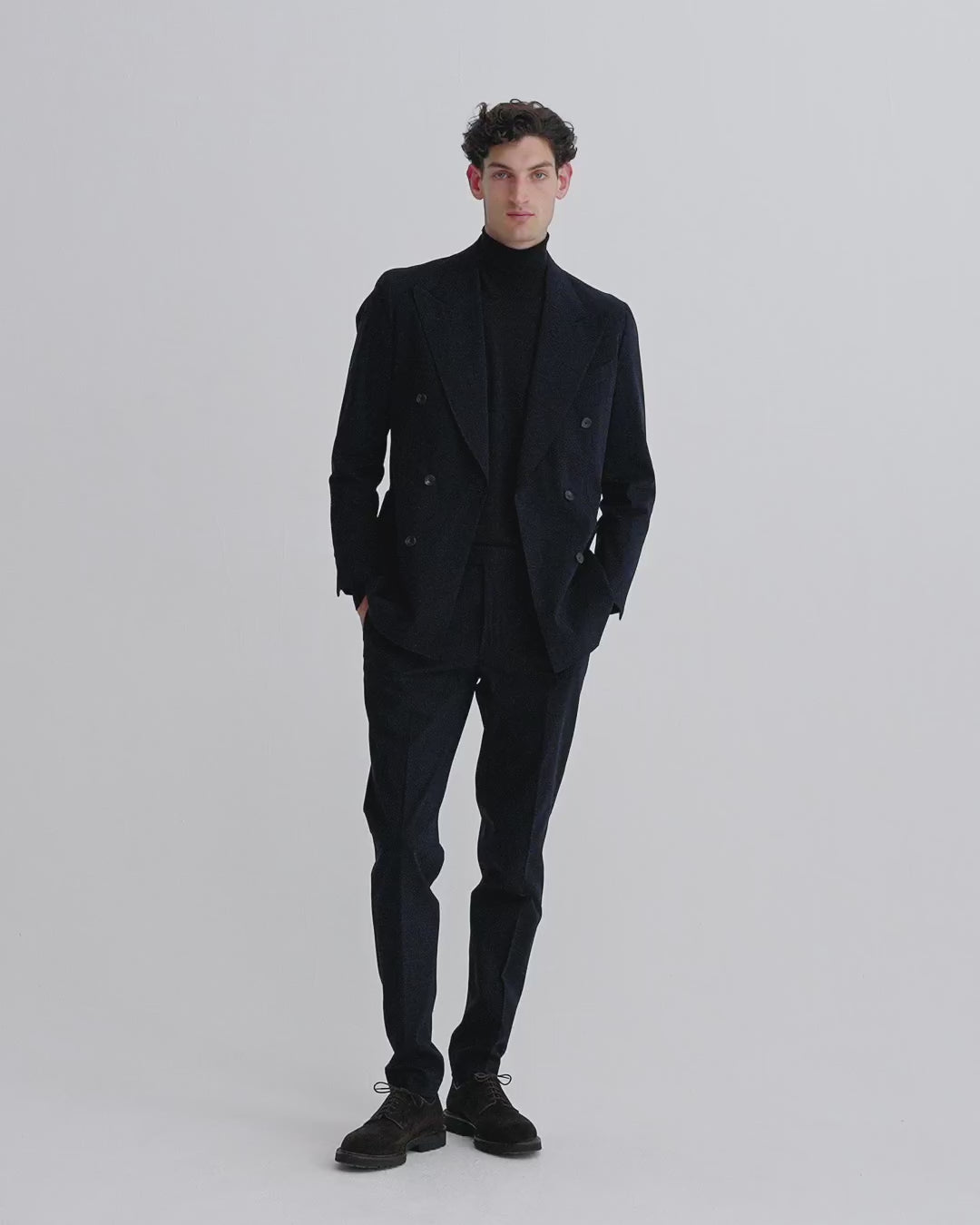 Brushed Cotton Double Breasted Peak Lapel Suit Navy Model Video