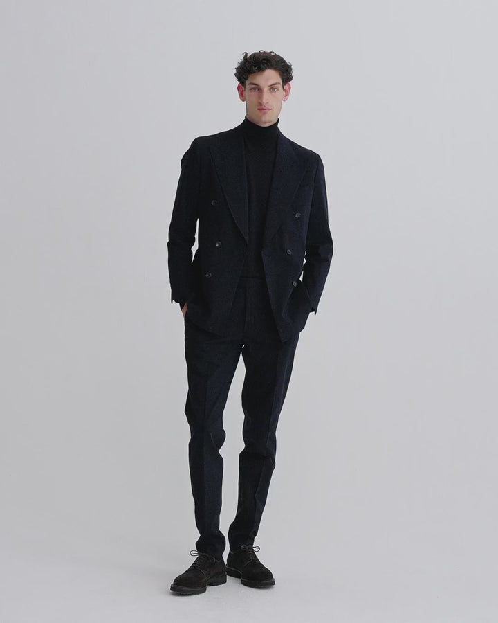 Brushed Cotton Double Breasted Peak Lapel Suit Navy Model Video
