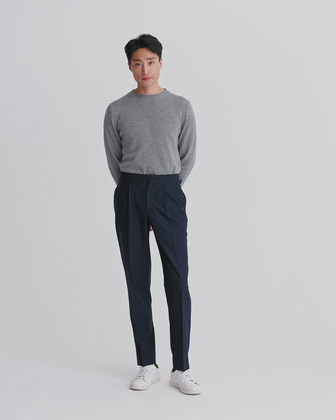 Flannel Wide Leg Tailored Trousers Mid Navy Model Video