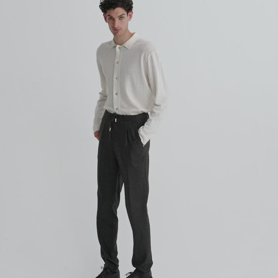 Merino Wool Extrafine Long Sleeve Button Through Polo Shirt Off White Model Video