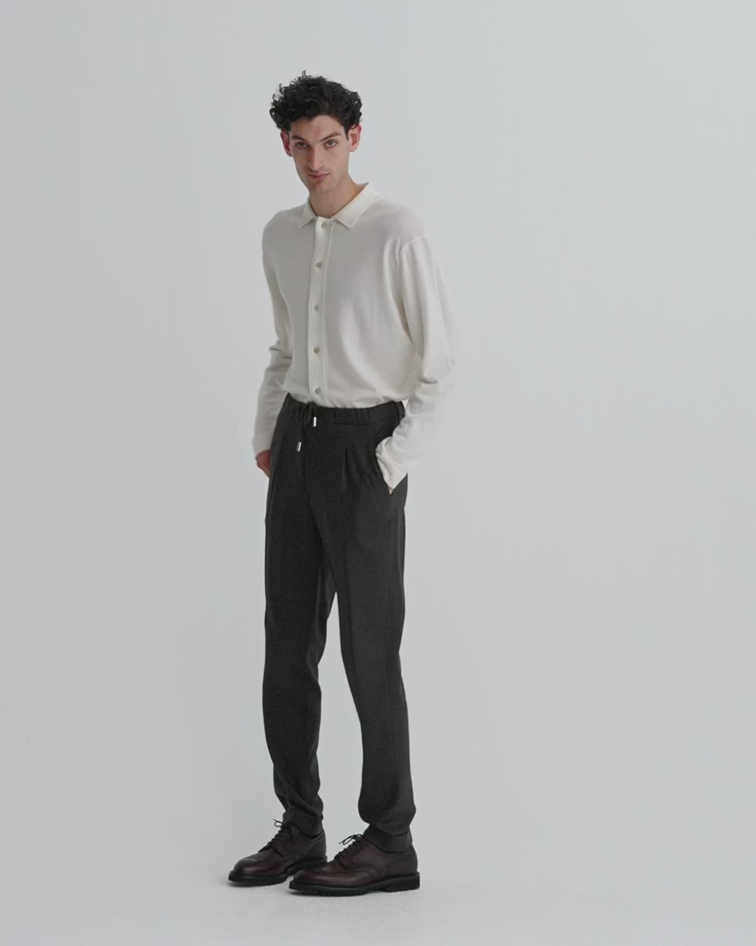 Merino Wool Extrafine Long Sleeve Button Through Polo Shirt Off White Model Video
