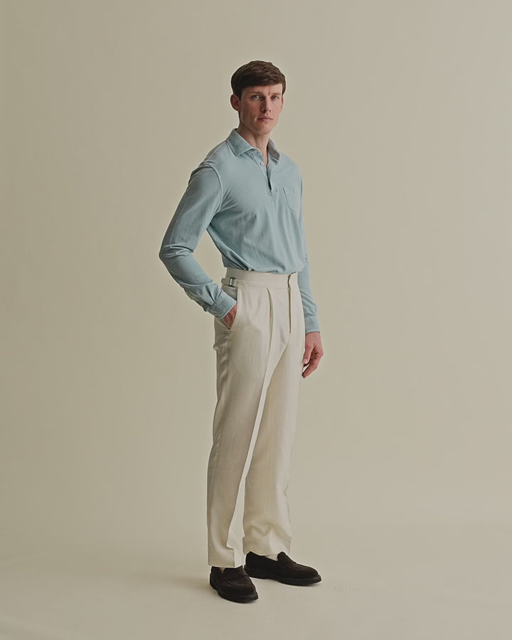 Cotton Pique Long Sleeve Polo Shirt Light Blue Model Video
