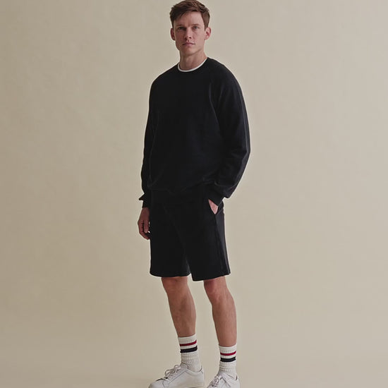 Loopback Cotton Raglan Sweater Navy Model Full Length Video