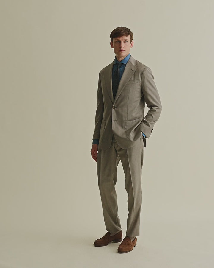 Wool Unstructured Single Breasted Suit Taupe Model Video