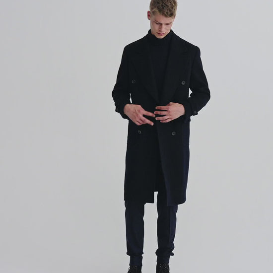 Cashmere Unstructured Double Breasted Overcoat Navy Model Video