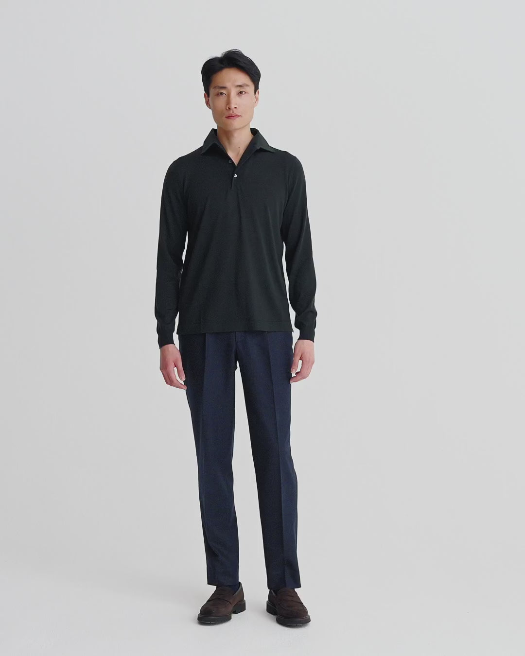 Merino Wool Extrafine Long Sleeve Polo Shirt Forrest Green Model Video