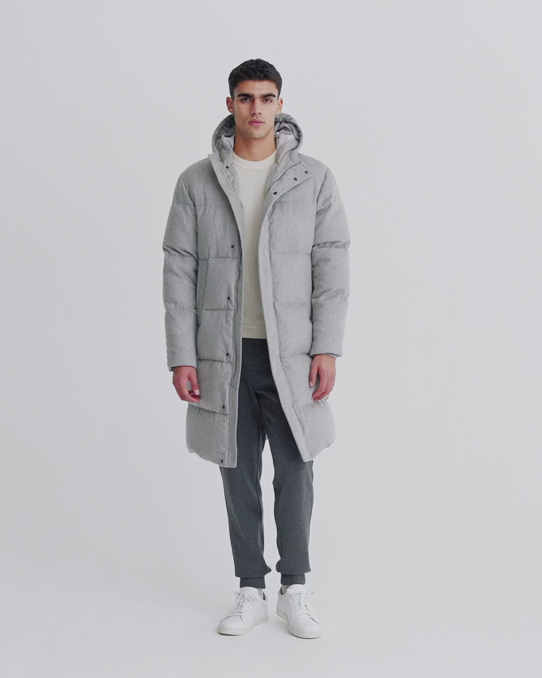 Cashmere Quilted Long Parka Grey Model Video