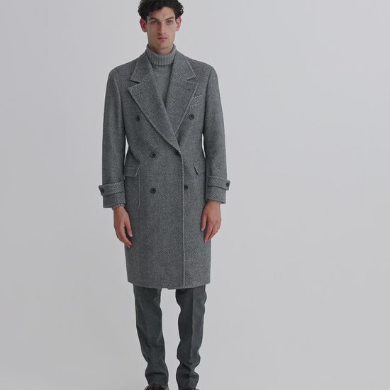 Unstructured Double Breasted Wool Overcoat Grey Model Video
