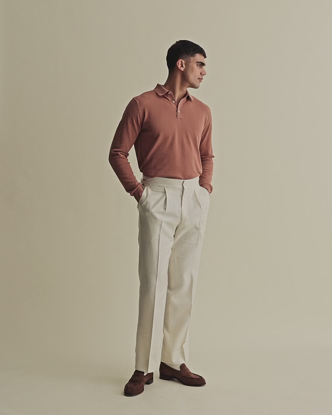 Cotton Air Crepe Long Sleeve Polo Shirt Burnt Orange Model Video