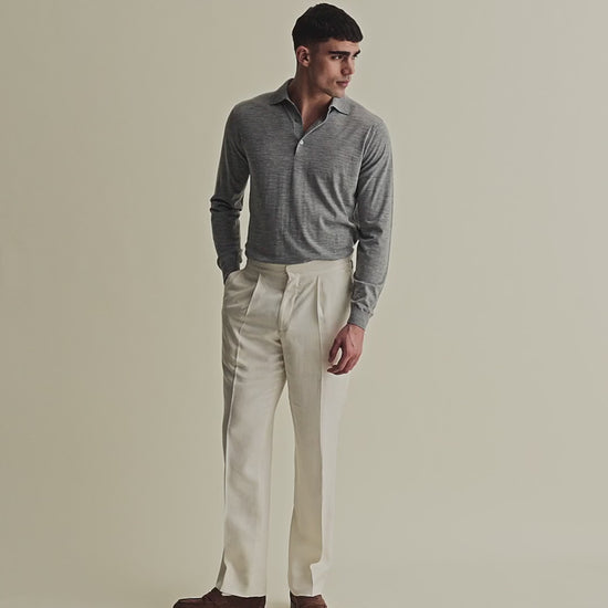 Merino Wool Fine Gauge Long Sleeve Polo Shirt Grey Model Video