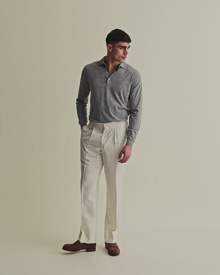 Merino Wool Fine Gauge Long Sleeve Polo Shirt Grey Model Video