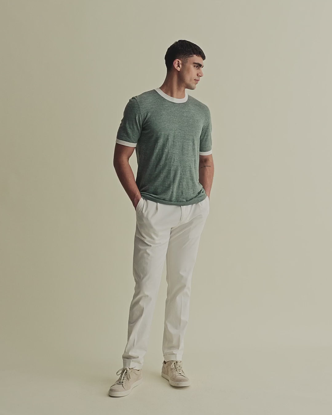 Linen Cotton Contrast Rib T-Shirt Green Model Video