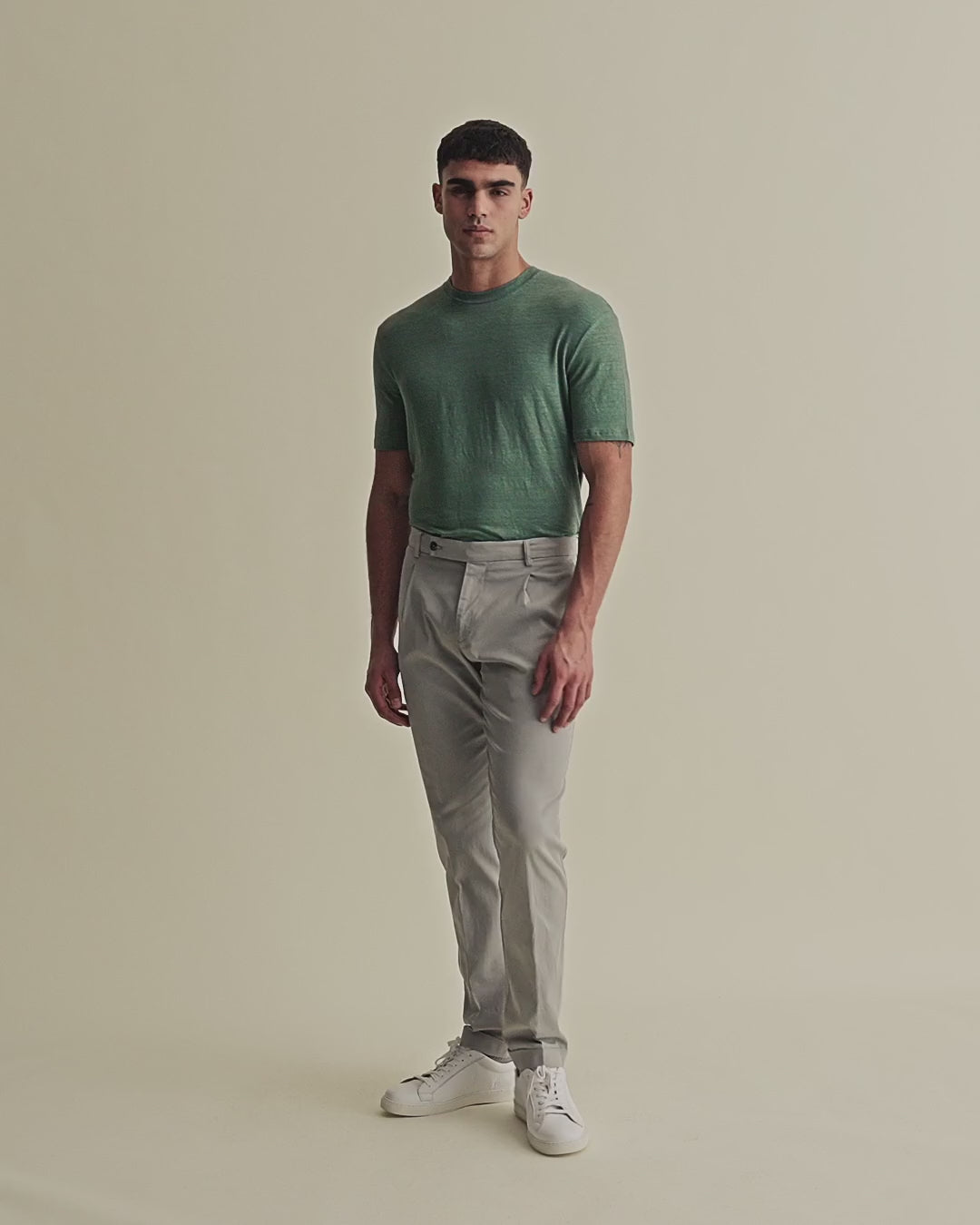 Cotton Single Pleat Chinos Taupe Model Video
