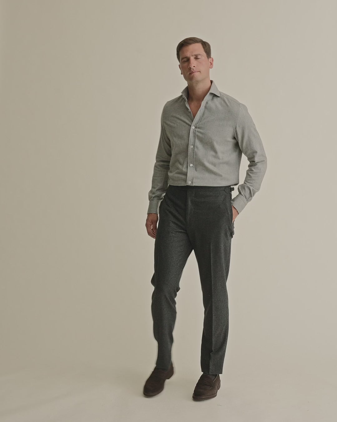 Flannel Cutaway Collar Shirt Mid Grey Model Video