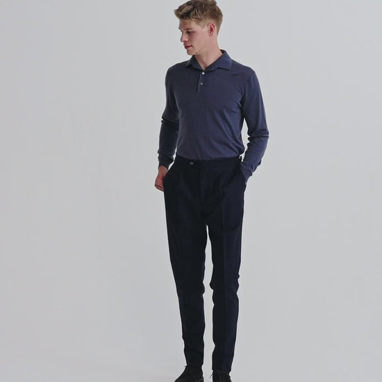 Merino Wool Extrafine Long Sleeve Polo Shirt Slate Blue Model Video