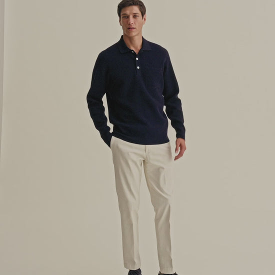 Wool Long Sleeve Polo Shirt Navy Model Video