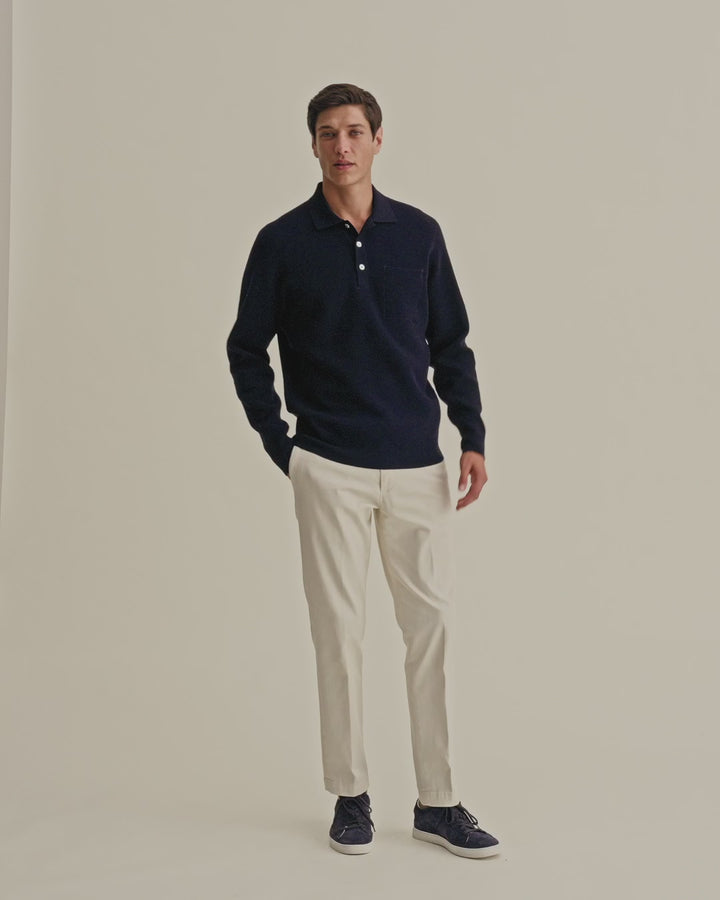 Wool Long Sleeve Polo Shirt Navy Model Video