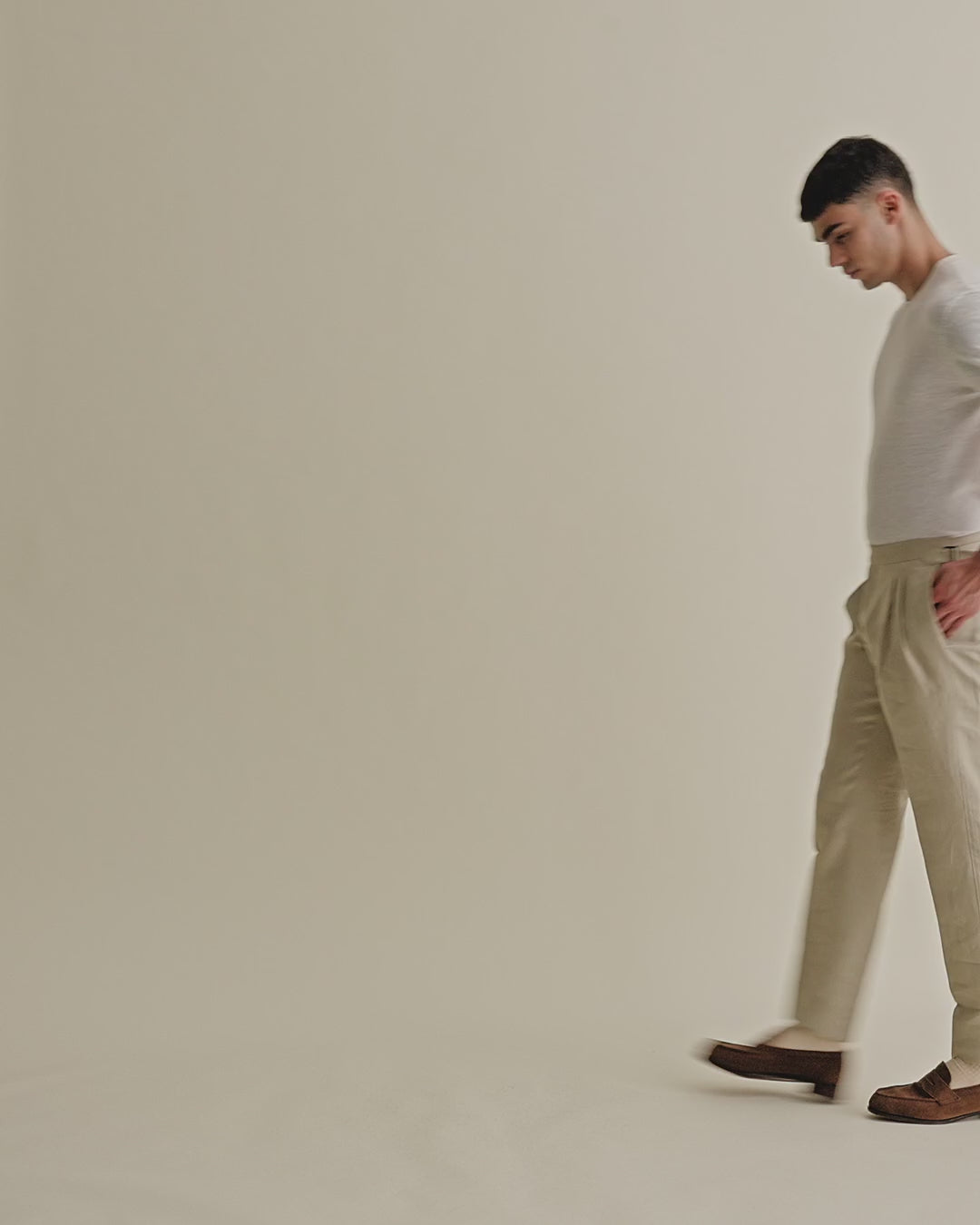 Linen Double Pleat Tailored Trousers Beige Model Video