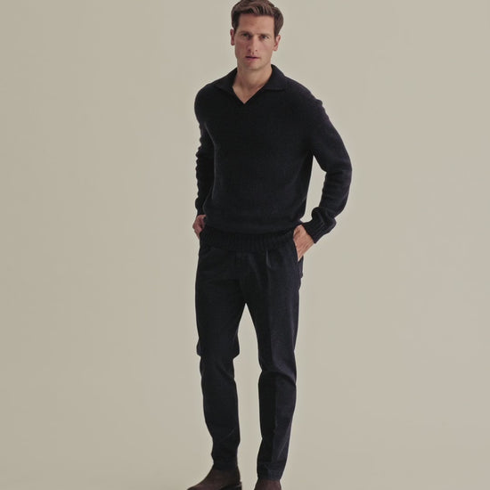 Cashmere Long Sleeve Skipper Polo Shirt Navy Model Video