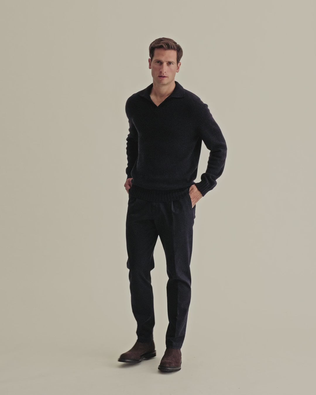 Cashmere Long Sleeve Skipper Polo Shirt Navy Model Video