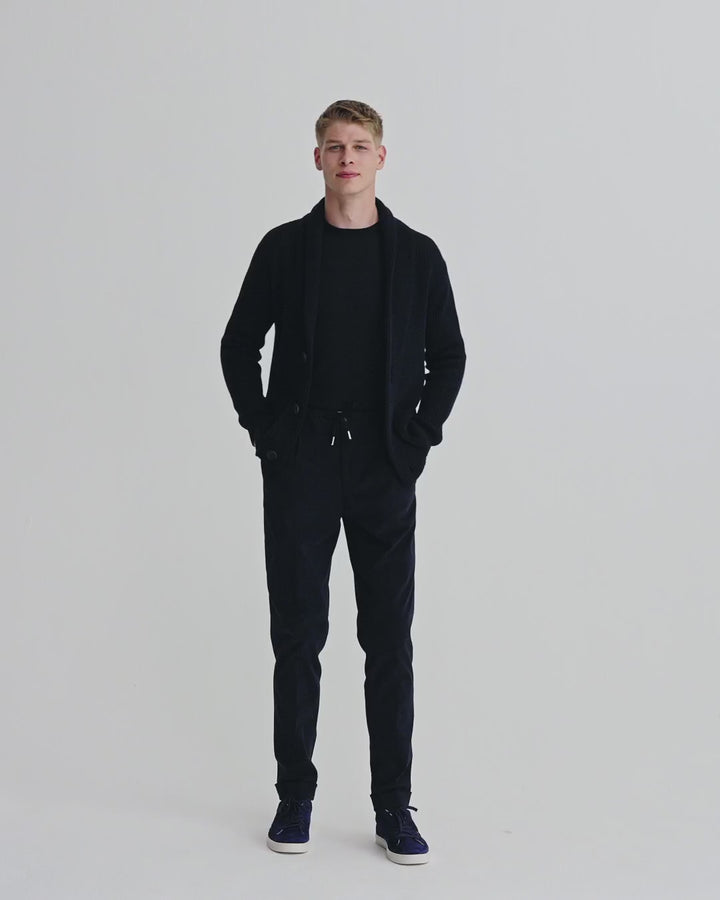 Single Breasted Cashmere Shawl Cardigan Navy Model Video