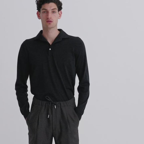 Merino Wool Extrafine Long Sleeve Polo Shirt Grey Model Video