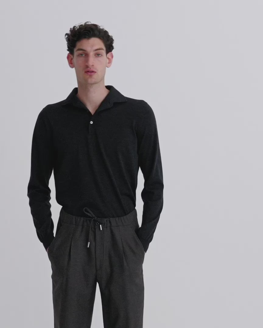 Merino Wool Extrafine Long Sleeve Polo Shirt Grey Model Video