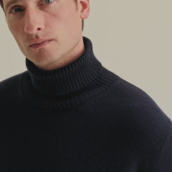 Cashmere Roll Neck Sweater Navy Model Video