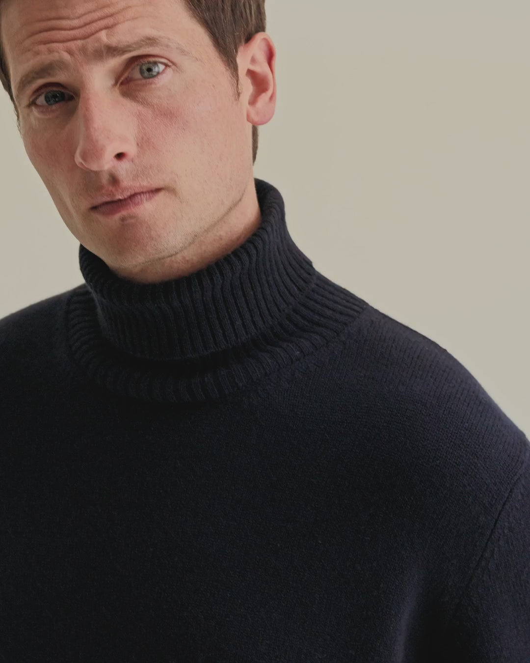 Cashmere Roll Neck Sweater Navy Model Video