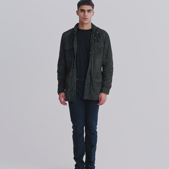 Cashmere Lined Suede Safari Jacket Darkest Green Model Video