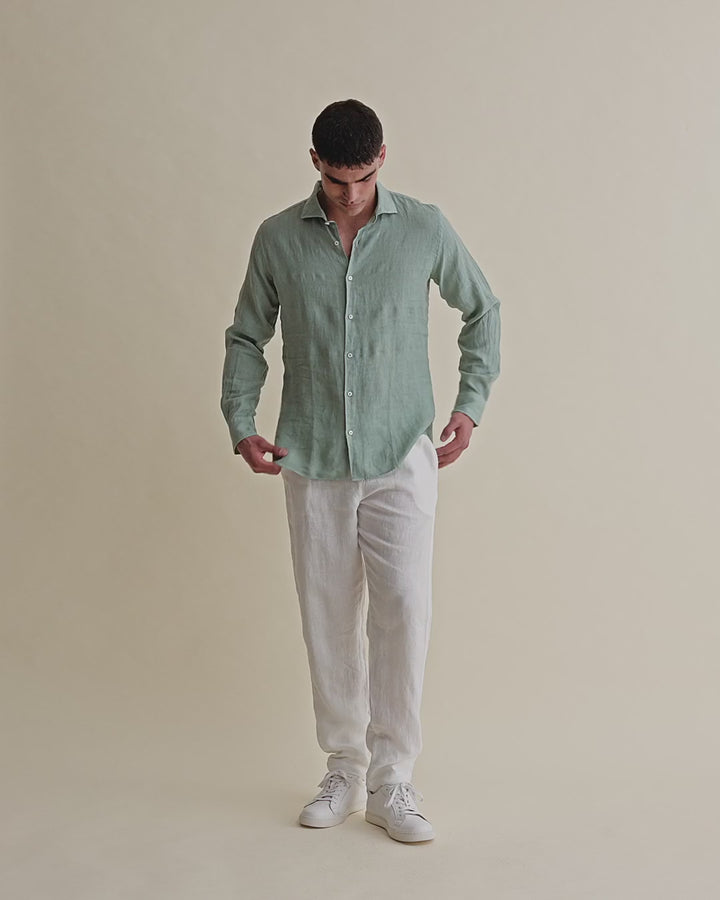 Linen Cutaway Collar Shirt Sage Video