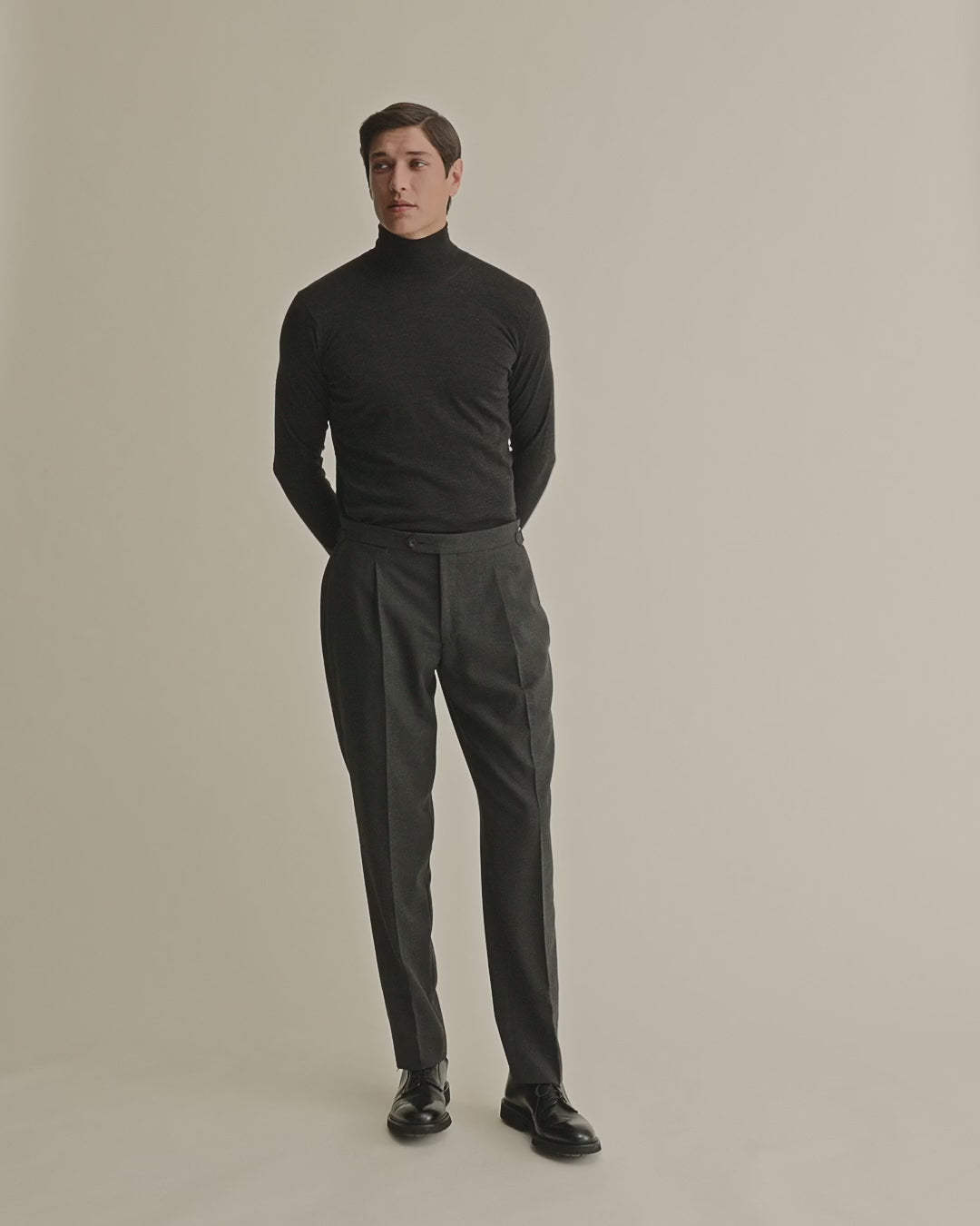 Merino Wool Extrafine Roll Neck Sweater Charcoal Model Video